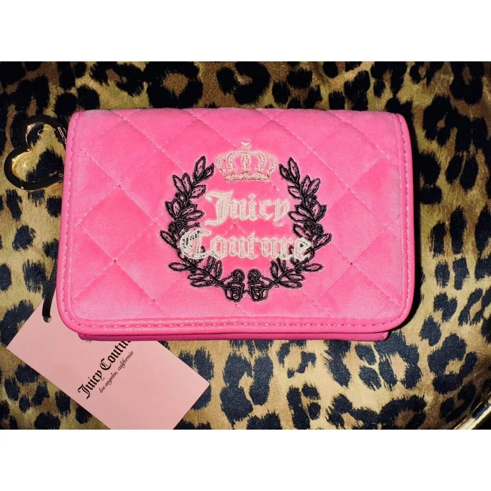 Juicy Couture Royal Couture Double Sided Trifold Wallet Quilted Velvet Pink New